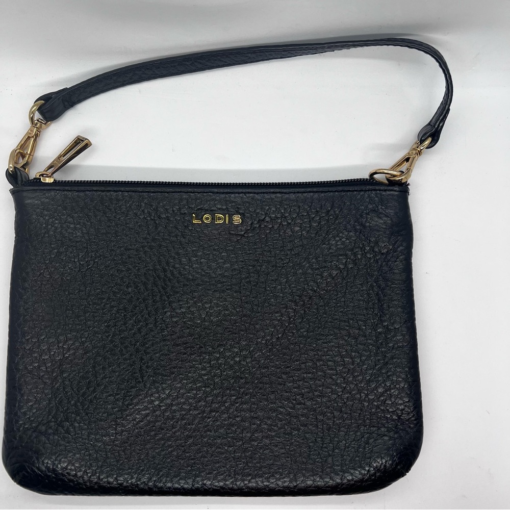 Lodis Black Pebbled Leather Handbag with Gold Accents | EUC